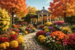 un hermosa jardín con vistoso flores y arboles ai generativo foto