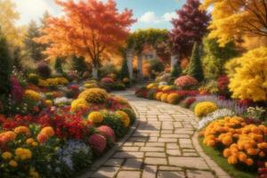 a beautiful garden with colorful flowers and trees AI Generative photo