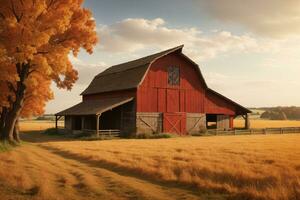 an old red barn sits in a field with trees AI Generative photo