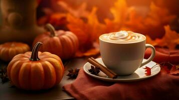 Pumpkin spice cup of tea stock photo, cozy teatime autumn drink, Generative AI photo