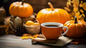 Pumpkin spice cup of tea stock photo, cozy teatime autumn drink, Generative AI photo