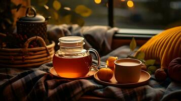 calabaza especia taza de té valores foto, acogedor la hora del té otoño beber, generativo ai foto