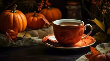 Pumpkin spice cup of tea stock photo, cozy teatime autumn drink, Generative AI photo