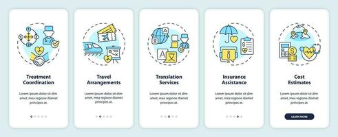 2D icons representing medical tourism mobile app screen set. Walkthrough 5 steps colorful graphic instructions with line icons concept, UI, UX, GUI template. vector