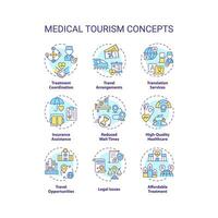 Set of 2D editable colorful thin line icons representing medical tourism, isolated vector, linear illustration. vector