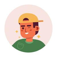 Backwards baseball cap latino guy winking smiling 2D vector avatar illustration. College student sparkling cartoon character face portrait. Flirty guy flat color user profile image isolated on white