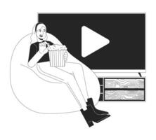 Home cinema popcorn black and white cartoon flat illustration. Caucasian girl on beanbag chair eating popcorn 2D lineart character isolated. Watching movie stream monochrome scene vector outline image