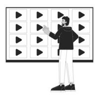 Streaming video service black and white cartoon flat illustration. Black man selecting channel on multimedia tv 2D lineart character isolated. Video library monochrome scene vector outline image