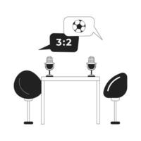 Football commentary studio recording room black and white 2D cartoon object. Podcast microphones table chairs isolated vector outline item. Soccer speech bubbles monochromatic flat spot illustration