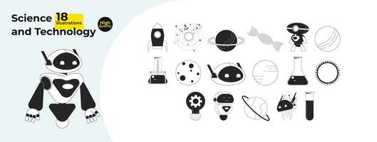 Science technology engineering black and white 2D line cartoon objects bundle. Rocket, spheres planets, lab equipment isolated vector outline items. Monochromatic flat spot illustration collection