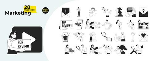 Internet marketing strategy black and white 2D illustration concepts bundle. Diverse marketers cartoon outline characters isolated on white. Feedback clients metaphor monochrome vector art collection