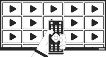 Streaming media on tv black and white cartoon flat illustration. Push button remote control 2D lineart character hand. Television channels video choosing monochrome scene vector outline image