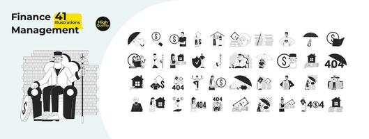 Finance management black and white 2D illustration concepts bundle. Money people diverse cartoon outline characters isolated on white. Mortgage home, piggy metaphor monochrome vector art collection