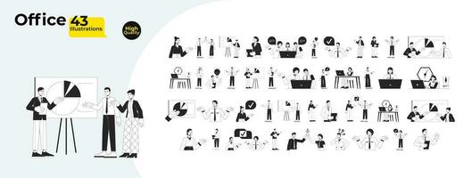 Multi-ethnic office workers black and white cartoon flat illustration bundle. Co-workers diverse adults 2D lineart characters isolated. Teamwork colleagues monochrome vector outline image collection