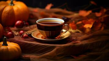 Pumpkin spice cup of tea stock photo, cozy teatime autumn drink, Generative AI photo