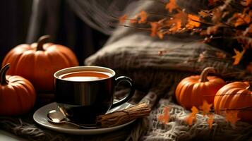 Pumpkin spice cup of tea stock photo, cozy teatime autumn drink, Generative AI photo