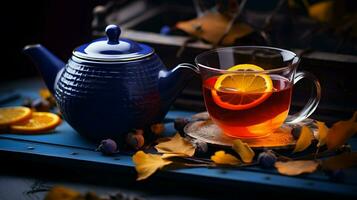 Pumpkin spice cup of tea stock photo, cozy teatime autumn drink, Generative AI photo