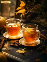 calabaza especia taza de té valores foto, acogedor la hora del té otoño beber, generativo ai foto