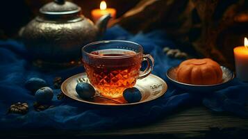 Pumpkin spice cup of tea stock photo, cozy teatime autumn drink, Generative AI photo