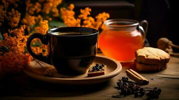 Pumpkin spice cup of tea stock photo, cozy teatime autumn drink, Generative AI photo