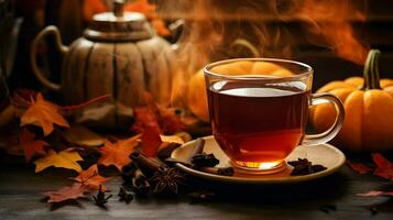 Pumpkin spice cup of tea stock photo, cozy teatime autumn drink, Generative AI photo