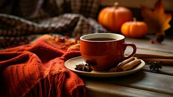 calabaza especia taza de té valores foto, acogedor la hora del té otoño beber, generativo ai foto