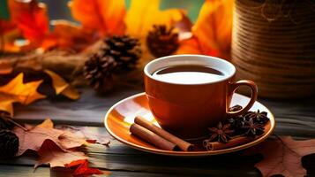 Pumpkin spice cup of tea stock photo, cozy teatime autumn drink, Generative AI photo