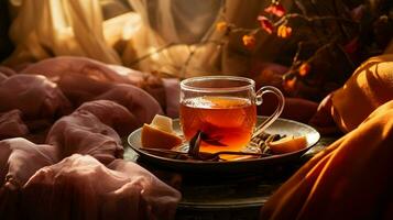 Pumpkin spice cup of tea stock photo, cozy teatime autumn drink, Generative AI photo