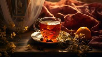 Pumpkin spice cup of tea stock photo, cozy teatime autumn drink, Generative AI photo