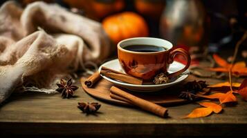 Pumpkin spice cup of tea stock photo, cozy teatime autumn drink, Generative AI photo