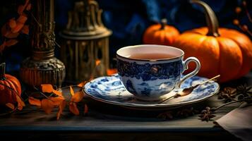 Pumpkin spice cup of tea stock photo, cozy teatime autumn drink, Generative AI photo