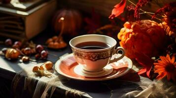 Pumpkin spice cup of tea stock photo, cozy teatime autumn drink, Generative AI photo