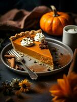 Pumpkin Pie background, coffee time, Generative AI photo