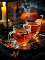 Pumpkin spice cup of tea stock photo, cozy teatime autumn drink, Generative AI photo