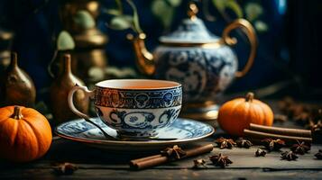 Pumpkin spice cup of tea stock photo, cozy teatime autumn drink, Generative AI photo