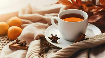 Pumpkin spice cup of tea stock photo, cozy teatime autumn drink, Generative AI photo