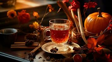 calabaza especia taza de té valores foto, acogedor la hora del té otoño beber, generativo ai foto