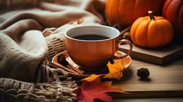 Pumpkin spice cup of tea stock photo, cozy teatime autumn drink, Generative AI photo