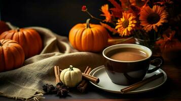 calabaza especia taza de té valores foto, acogedor la hora del té otoño beber, generativo ai foto