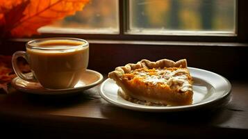 Pumpkin Pie background, coffee time, Generative AI photo