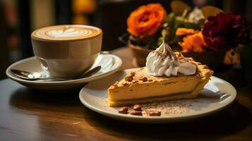 Pumpkin Pie background, coffee time, Generative AI photo