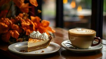 Pumpkin Pie background, coffee time, Generative AI photo