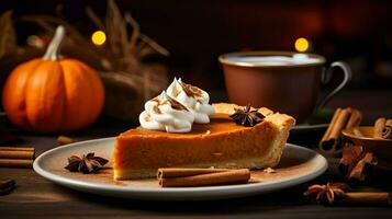 Pumpkin Pie background, coffee time, Generative AI photo