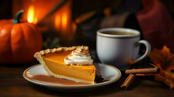 Pumpkin Pie background, coffee time, Generative AI photo