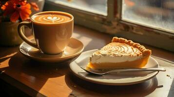 calabaza tarta fondo, café tiempo, generativo ai foto