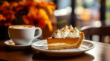 Pumpkin Pie background, coffee time, Generative AI photo