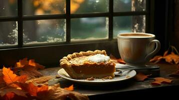 Pumpkin Pie background, coffee time, Generative AI photo