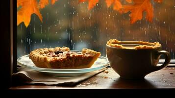 Pumpkin Pie background, coffee time, Generative AI photo