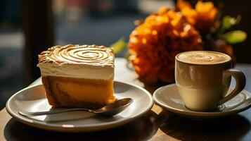 calabaza tarta fondo, café tiempo, generativo ai foto