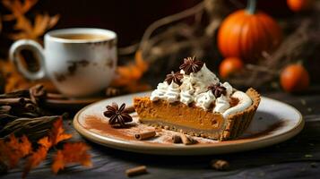 Pumpkin Pie background, coffee time, Generative AI photo